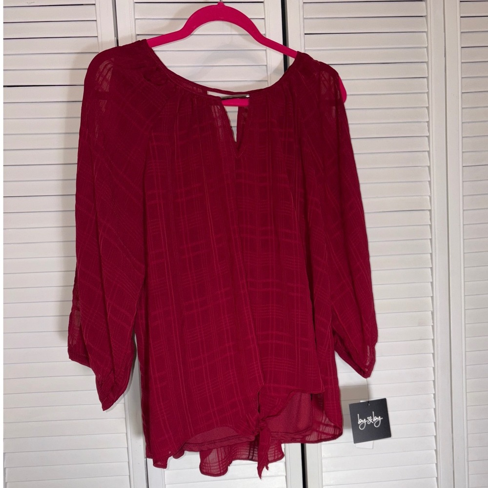 By & By Burgundy Plaid Cold Shoulder Tie Front Blouse XL New
